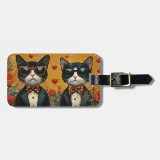 Tuxedo Katze mit Herz-Rose Valentinstag Gepäckanhänger (Vorderseite horizontal)