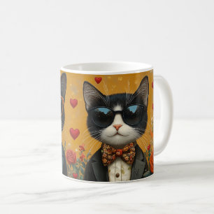 Tuxedo Katze mit Herz-Rose Valentinstag Kaffeetasse