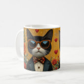 Tuxedo Katze mit Herz-Rose Valentinstag Kaffeetasse (Vorderseite Links)