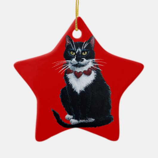 Tuxedo Katze mit Herzkragen Keramik Ornament (Vorne)