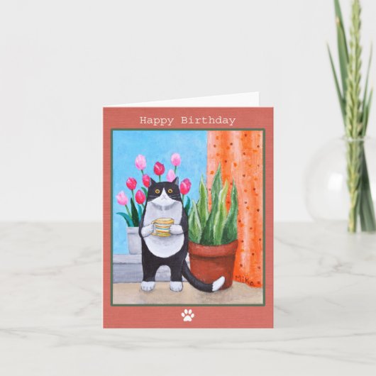 Tuxedo Katze mit Kaffee Geburtstag Karte (Vorderseite)