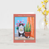 Tuxedo Katze mit Kaffee Geburtstag Karte (Gelbe Blume)