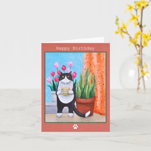 Tuxedo Katze mit Kaffee Geburtstag Karte (Gelbe Blume)