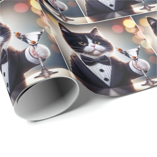 Tuxedo Katze mit Martini-Cocktail Geschenkpapier (Rolleneckpunkt)