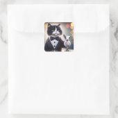 Tuxedo Katze mit Martini-Cocktail Quadratischer Aufkleber (Tasche)