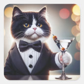 Tuxedo Katze mit Martini-Cocktail Quadratischer Aufkleber (Vorderseite)