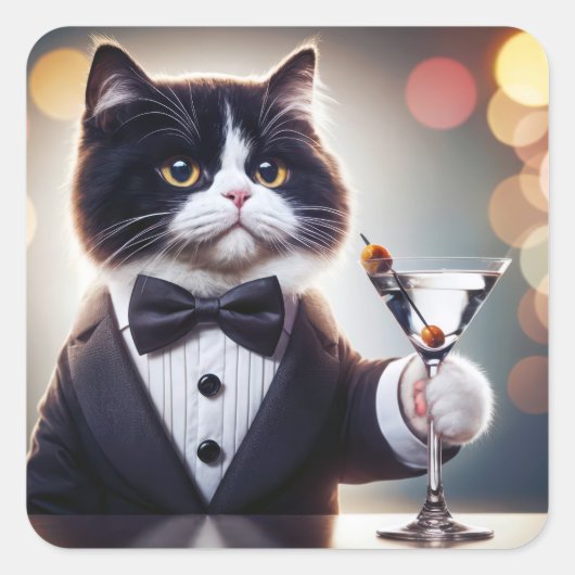 Tuxedo Katze mit Martini-Cocktail Quadratischer Aufkleber (Vorderseite)