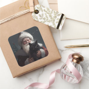 Tuxedo-Katze mit Santa Claus Festive Weihnachten Quadratischer Aufkleber