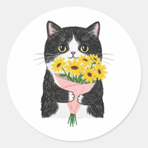 Tuxedo-Katze mit Sonnenblumenstrauß Runder Aufkleber