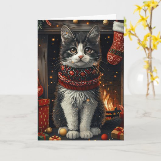 Tuxedo Katze mit Weihnachtsgeschenken Kamin Karte (Gelbe Blume)