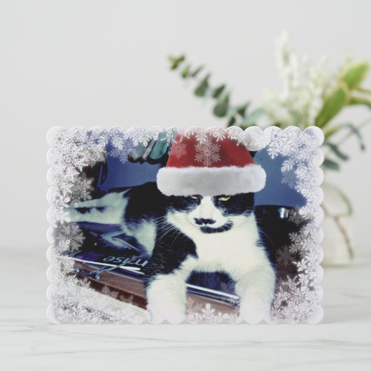 Tuxedo Katze mit Weihnachtsmannmütze Weihnachtsfla Einladung (Stehend Vorderseite)