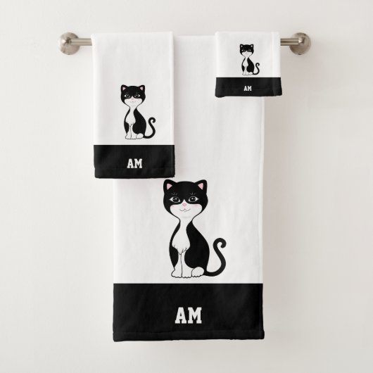 Tuxedo Katze & Monogramm auf Schwarz und Weiß Badhandtuch Set (Insitu)