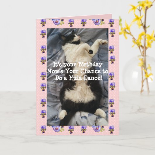Tuxedo Katze Niedlich Funny Doing eine Hula Tanz C Karte (Gelbe Blume)