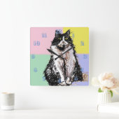 Tuxedo Katze Niedlich Katzen Kinder Mädchen Pastel Quadratische Wanduhr (Zuhause)