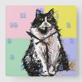 Tuxedo Katze Niedlich Katzen Kinder Mädchen Pastel Quadratische Wanduhr