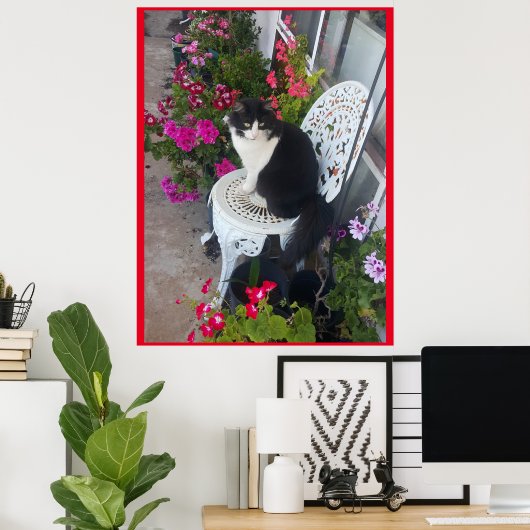 Tuxedo Katze Niedlich mit Hübschen Blume Schwarze Poster (Heimbüro)