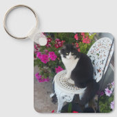 Tuxedo Katze Niedlich mit Hübschen Blume Schwarze Schlüsselanhänger (Vorderseite)