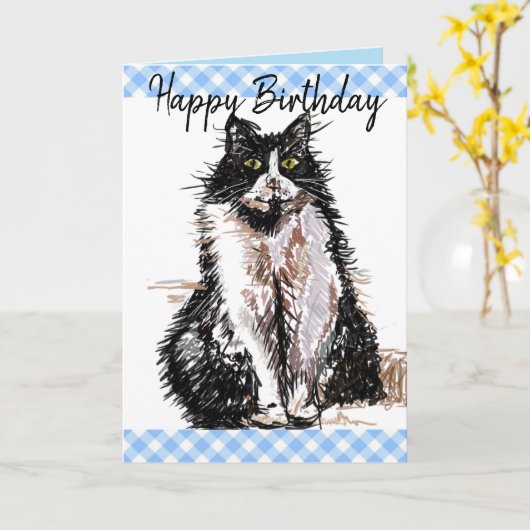 Tuxedo Katze Niedlich Zeichnend Schwarz-Weiß Katze Karte (Gelbe Blume)