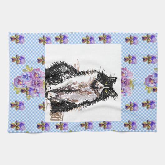 Tuxedo Katze Niedlich Zeichnend Schwarz-weiße Katz Geschirrtuch (Horizontal)