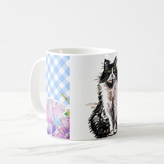 Tuxedo Katze Niedlich Zeichnend Schwarz-weiße Katz Kaffeetasse (Vorderseite Links)