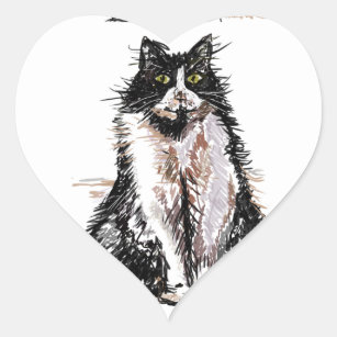 Tuxedo Katze Niedlich Zeichnend Schwarze und Weiße Herz-Aufkleber
