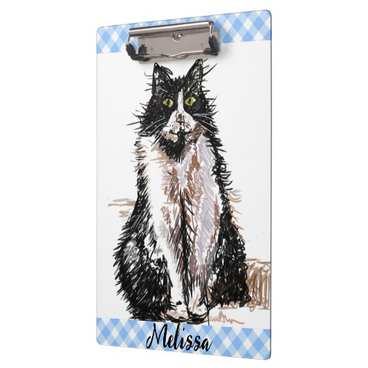 Tuxedo Katze Niedlich Zeichnend Schwarze und Weiße Klemmbrett (Links)