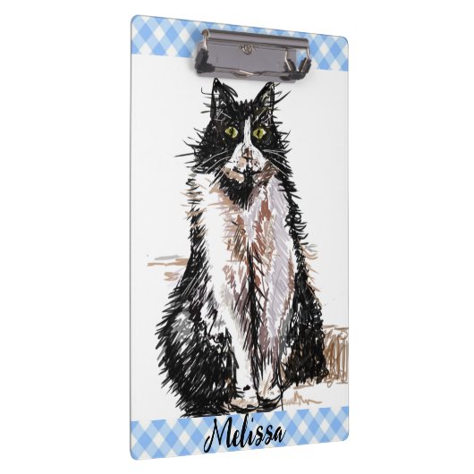 Tuxedo Katze Niedlich Zeichnend Schwarze und Weiße Klemmbrett (Rechts)