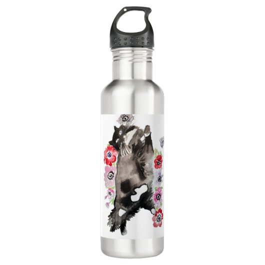 Tuxedo Katze Niedliche Hübsche Blume Katzen Wasser Edelstahlflasche (Vorderseite)