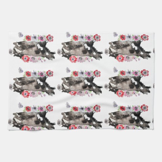 Tuxedo Katze Niedliche Hübsche Blume Katzen Wasser Geschirrtuch (Horizontal)