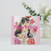 Tuxedo Katze Niedliche Rose Blume Katzen Aquarell  Einladung (Stehend Vorderseite)