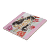 Tuxedo Katze Niedliche Rose Blume Katzen Aquarell  Fliese (Seite)