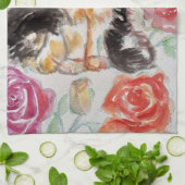 Tuxedo Katze Niedliche Rose Blume Katzen Aquarell  Geschirrtuch (Gefaltet)