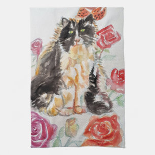 Tuxedo Katze Niedliche Rose Blume Katzen Aquarell  Geschirrtuch