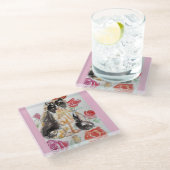 Tuxedo Katze Niedliche Rose Blume Katzen Aquarell  Glasuntersetzer (Schrägansicht)