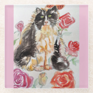 Tuxedo Katze Niedliche Rose Blume Katzen Aquarell Glasuntersetzer