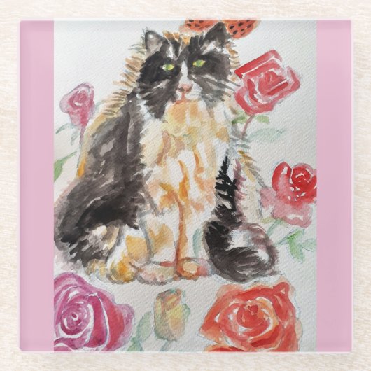 Tuxedo Katze Niedliche Rose Blume Katzen Aquarell  Glasuntersetzer (Vorderseite)