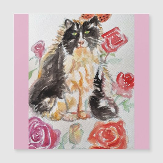 Tuxedo Katze Niedliche Rose Blume Katzen Aquarell  Magnetkarte (Vorderseite)