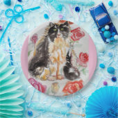 Tuxedo Katze Niedliche Rose Blume Katzen Aquarell Pappteller (Party)