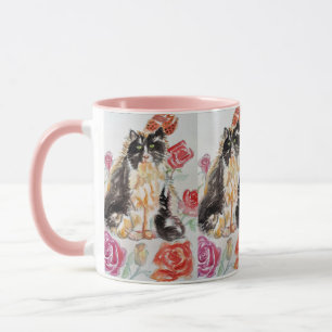 Tuxedo Katze Niedliche Rose Blume Katzen Aquarell  Tasse