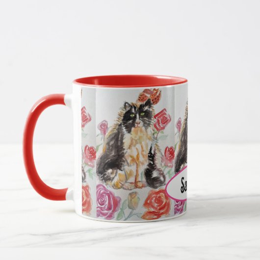 Tuxedo Katze Niedliche Rose Blume Katzen Aquarell Tasse (Links)