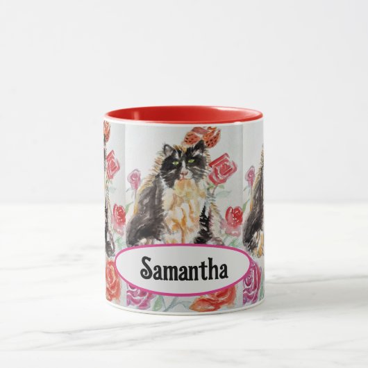 Tuxedo Katze Niedliche Rose Blume Katzen Aquarell  Tasse (Zentrum)