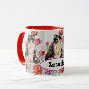 Tuxedo Katze Niedliche Rose Blume Katzen Aquarell  Tasse