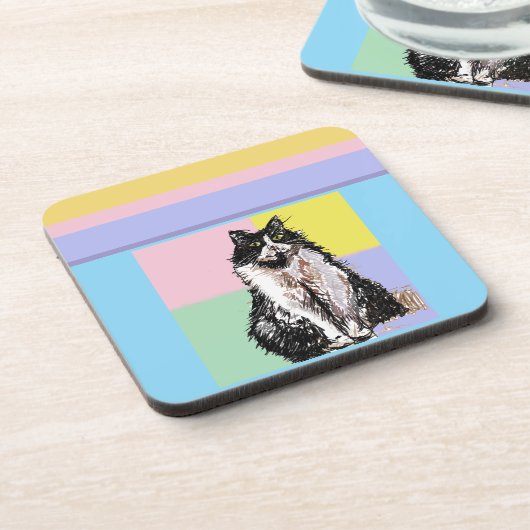 Tuxedo Katze Pastellfarben Rosa Mädchen Name Getränkeuntersetzer (Linke Seite)