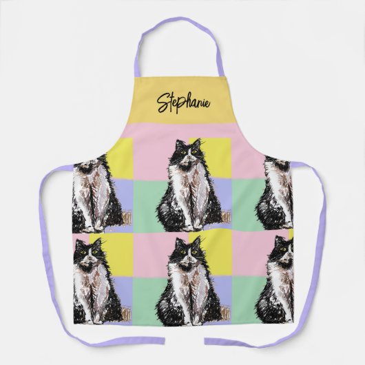 Tuxedo Katze Pastellfarben Rosa Mädchen Name Schürze (Vorderseite)