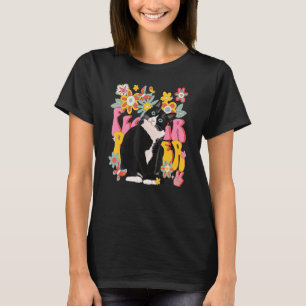Tuxedo-Katze Retro 60er 70er Jahre Vibe Blumen Fri T-Shirt