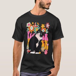 Tuxedo-Katze Retro 60er 70er Jahre Vibe Blumen Fri T-Shirt