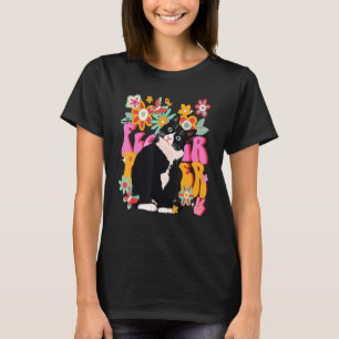 Tuxedo-Katze Retro 60er 70er Jahre Vibe Blumen Fri T-Shirt