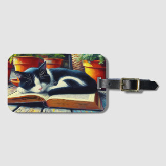 Tuxedo Katze Schlafen auf einem Buchgarten Malerei Gepäckanhänger