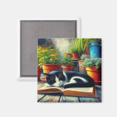 Tuxedo Katze Schlafen auf einem Buchgarten Malerei Magnet (Vorderseite/Rückseite)