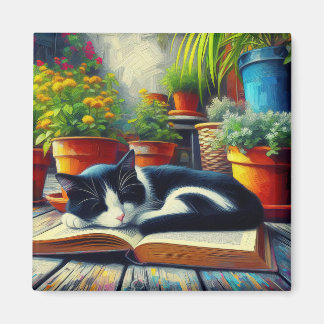 Tuxedo Katze Schlafen auf einem Buchgarten Malerei Magnet